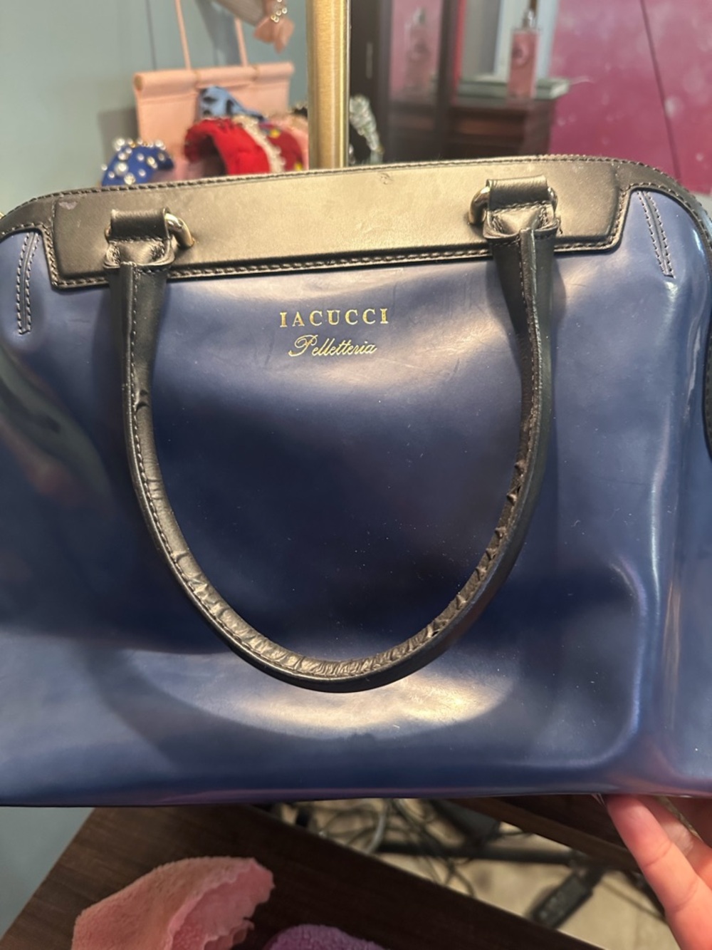 Navy & Black Genuine Leather Iacocci Tote